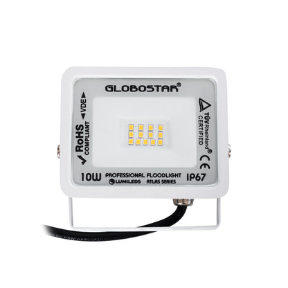 ATLAS 61406 LED Floodlight 10W 1150lm 120° AC 220-240V Waterproof IP67 Warm White 2700K - Lumileds SMD Chip - TÜV Rheinland Certified - Matte White - L10 x W2 x H8