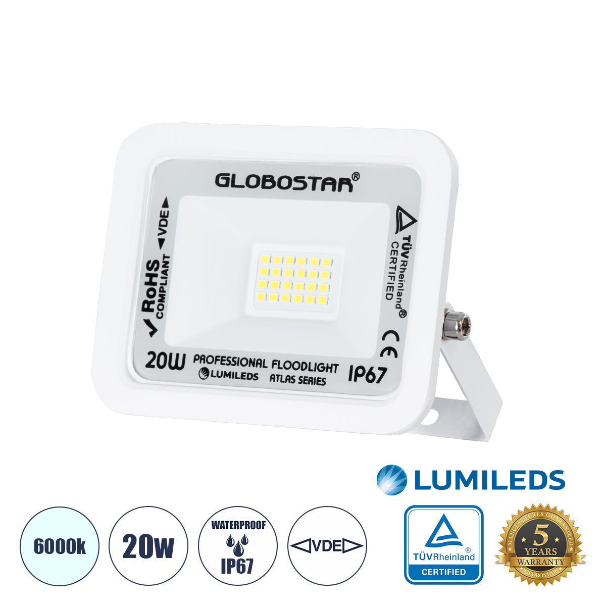 ATLAS 61407 Επαγγελματικός Προβολέας LED 20W 2500lm 120° AC 220-240V - Αδιάβροχος IP67 - Μ12 x Π2.5 x Υ9.5cm - Λευκό - Ψυχρό Λευκό 6000K - LUMILEDS Chips - TÜV Rheinland Certified