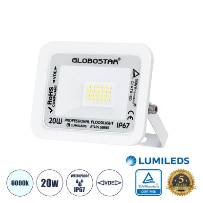 ATLAS 61407 Επαγγελματικός Προβολέας LED 20W 2500lm 120° AC 220-240V - Αδιάβροχος IP67 - Μ12 x Π2.5 x Υ9.5cm - Λευκό - Ψυχρό Λευκό 6000K - LUMILEDS Chips - TÜV Rheinland Certified