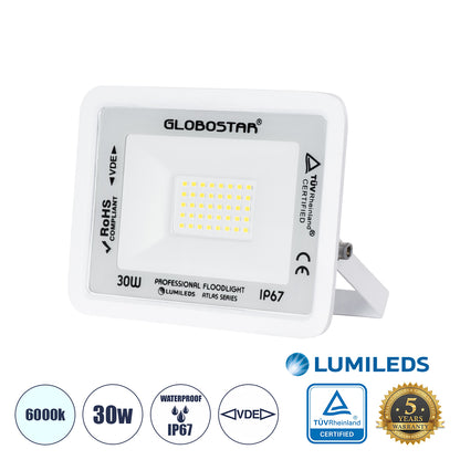 ATLAS 61413 Επαγγελματικός Προβολέας LED 30W 3750lm 120° AC 220-240V - Αδιάβροχος IP67 - Μ16 x Π2.5 x Υ12.5cm - Λευκό - Ψυχρό Λευκό 6000K - LUMILEDS Chips - TÜV Rheinland Certified - 5 Years Warranty