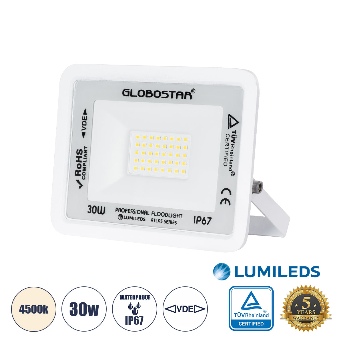 ATLAS 61414 Επαγγελματικός Προβολέας LED 30W 3600lm 120° AC 220-240V - Αδιάβροχος IP67 - Μ16 x Π2.5 x Υ12.5cm - Λευκό - Φυσικό Λευκό 4500K - LUMILEDS Chips - TÜV Rheinland Certified - 5 Years Warranty