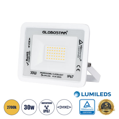 ATLAS 61415 Επαγγελματικός Προβολέας LED 30W 3450lm 120° AC 220-240V - Αδιάβροχος IP67 - Μ16 x Π2.5 x Υ12.5cm - Λευκό - Θερμό Λευκό 2700K - LUMILEDS Chips - TÜV Rheinland Certified - 5 Years Warranty