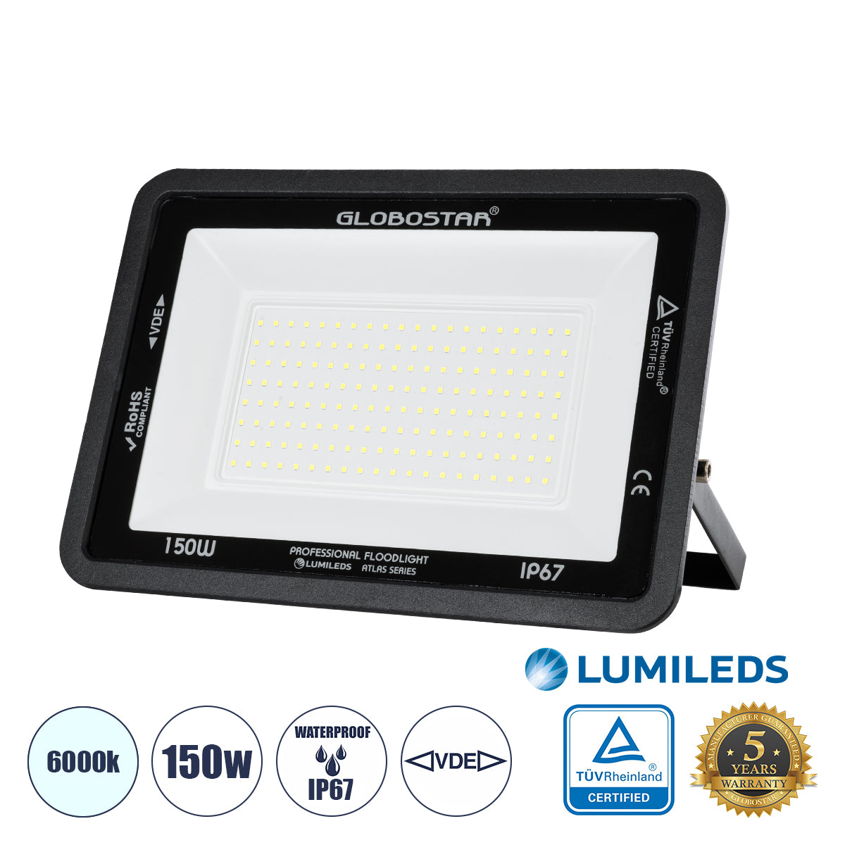 ATLAS 61428 Προβολέας LED 150W 18750lm 120° AC 220-240V Αδιάβροχο IP67 Ψυχρό Λευκό 6000K - Lumileds SMD Chip - TÜV Rheinland Certified - Μαύρο Ματ - Μ32 x Π4 x Υ23