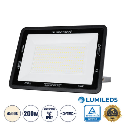 ATLAS 61432 Προβολέας LED 200W 24000lm 120° AC 220-240V Αδιάβροχο IP67 Φυσικό Λευκό 4500K - Lumileds SMD Chip - TÜV Rheinland Certified - Μαύρο Ματ - Μ38 x Π4 x Υ28