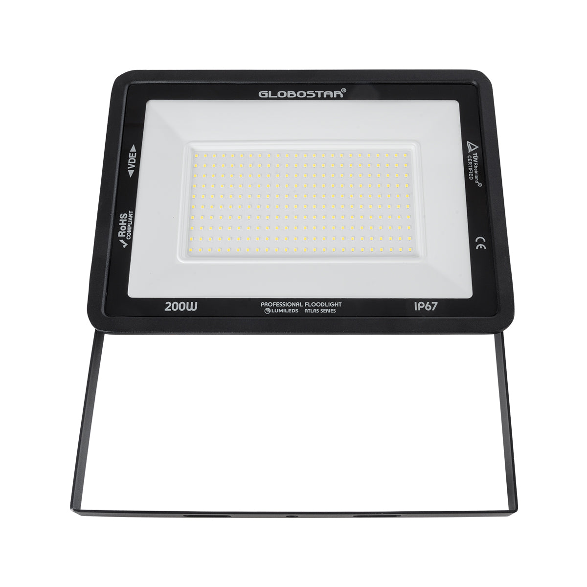 ATLAS 61432 Προβολέας LED 200W 24000lm 120° AC 220-240V Αδιάβροχο IP67 Φυσικό Λευκό 4500K - Lumileds SMD Chip - TÜV Rheinland Certified - Μαύρο Ματ - Μ38 x Π4 x Υ28