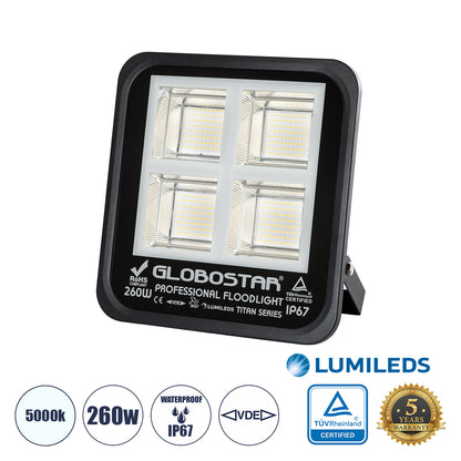 TITAN 61434 Προβολέας για Γήπεδα Tennis & Ποδοσφαίρου 5x5 LED 260W 32500lm 60°x90° AC 220-240V Αδιάβροχο IP67 Φυσικό Λευκό 5000K - Lumileds SMD Chip - TÜV Rheinland Certified - Μαύρο Ματ - Μ30 x Π8 x Υ28