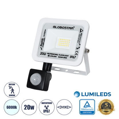 AURORA 61438 Επαγγελματικός Προβολέας LED 20W 2500lm 120° AC 220-240V με Ενσωματωμένο Ρυθμιζόμενο Αισθητήρα Κίνησης PIR - Αδιάβροχος IP67 - Μ12 x Π5 x Υ14.5cm - Λευκό - Ψυχρό Λευκό 6000K - LUMILEDS Chips - TÜV Rheinland Certified