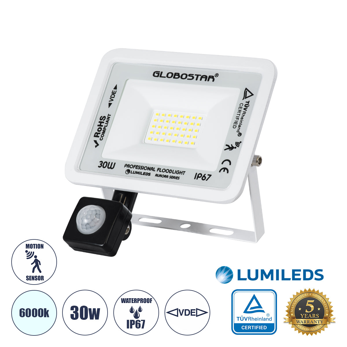 AURORA 61440 Επαγγελματικός Προβολέας LED 30W 3750lm 120° AC 220-240V με Ενσωματωμένο Ρυθμιζόμενο Αισθητήρα Κίνησης PIR - Αδιάβροχος IP67 - Μ16 x Π5 x Υ17.5cm - Λευκό - Ψυχρό Λευκό 6000K - LUMILEDS Chips - TÜV Rheinland Certified