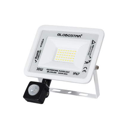 AURORA 61440 Επαγγελματικός Προβολέας LED 30W 3750lm 120° AC 220-240V με Ενσωματωμένο Ρυθμιζόμενο Αισθητήρα Κίνησης PIR - Αδιάβροχος IP67 - Μ16 x Π5 x Υ17.5cm - Λευκό - Ψυχρό Λευκό 6000K - LUMILEDS Chips - TÜV Rheinland Certified