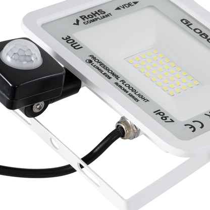 AURORA 61440 Επαγγελματικός Προβολέας LED 30W 3750lm 120° AC 220-240V με Ενσωματωμένο Ρυθμιζόμενο Αισθητήρα Κίνησης PIR - Αδιάβροχος IP67 - Μ16 x Π5 x Υ17.5cm - Λευκό - Ψυχρό Λευκό 6000K - LUMILEDS Chips - TÜV Rheinland Certified