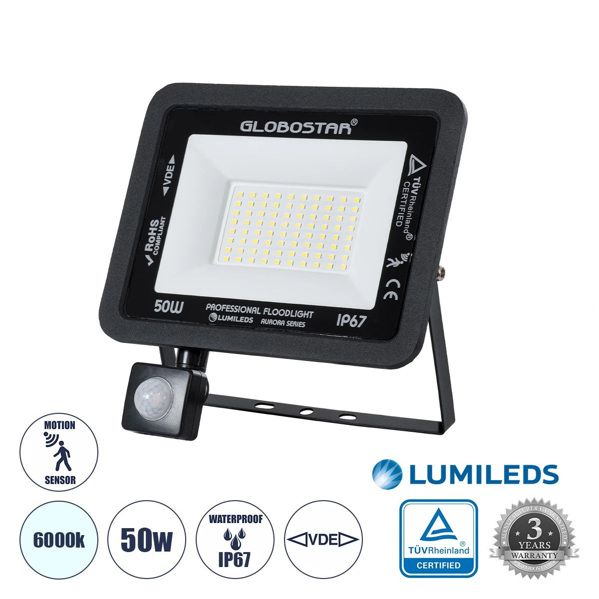 AURORA 61441 Floodlight with PIR Detector / Motion Sensor LED 50W 6250lm 120° AC 220-240V Waterproof IP67 Cool White 6000K - Lumileds SMD Chip - TÜV Rheinland Certified - Matte Black - L21 x W5 x H21
