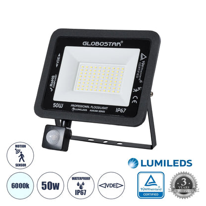 AURORA 61441 Floodlight with PIR Detector / Motion Sensor LED 50W 6250lm 120° AC 220-240V Waterproof IP67 Cool White 6000K - Lumileds SMD Chip - TÜV Rheinland Certified - Matte Black - L21 x W5 x H21