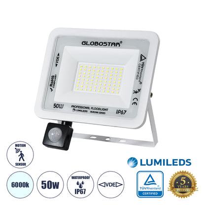 AURORA 61442 Επαγγελματικός Προβολέας LED 50W 6250lm 120° AC 220-240V με Ενσωματωμένο Ρυθμιζόμενο Αισθητήρα Κίνησης PIR - Αδιάβροχος IP67 - Μ21 x Π5 x Υ21cm - Λευκό - Ψυχρό Λευκό 6000K - LUMILEDS Chips - TÜV Rheinland Certified