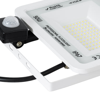 AURORA 61442 Επαγγελματικός Προβολέας LED 50W 6250lm 120° AC 220-240V με Ενσωματωμένο Ρυθμιζόμενο Αισθητήρα Κίνησης PIR - Αδιάβροχος IP67 - Μ21 x Π5 x Υ21cm - Λευκό - Ψυχρό Λευκό 6000K - LUMILEDS Chips - TÜV Rheinland Certified