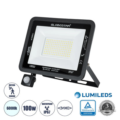 AURORA 61443 Προβολέας με Ανιχνευτή PIR / Αισθητήρα Κίνησης LED 100W 12500lm 120° AC 220-240V Αδιάβροχο IP67 Ψυχρό Λευκό 6000K - Lumileds SMD Chip - TÜV Rheinland Certified - Μαύρο Ματ - Μ25 x Π6.5 x Υ27.5