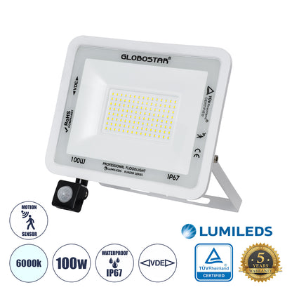 AURORA 61444 Επαγγελματικός Προβολέας LED 100W 12500lm 120° AC 220-240V με Ενσωματωμένο Ρυθμιζόμενο Αισθητήρα Κίνησης PIR - Αδιάβροχος IP67 - Μ25 x Π6.5 x Υ27.5cm - Λευκό - Ψυχρό Λευκό 6000K - LUMILEDS Chips - TÜV Rheinland Certified