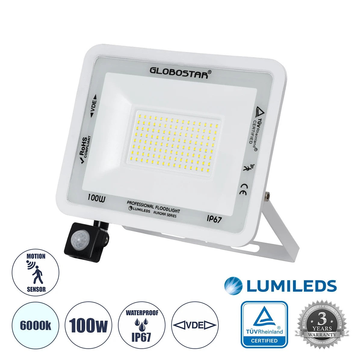 AURORA 61444 Floodlight with PIR Detector / Motion Sensor LED 100W 12500lm 120° AC 220-240V Waterproof IP67 Cool White 6000K - Lumileds SMD Chip - TÜV Rheinland Certified - Matte White - L25 x W6.5 x H27.5