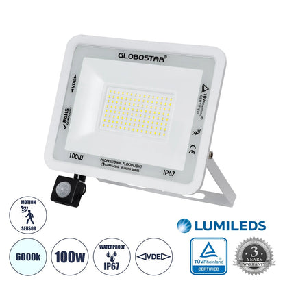 AURORA 61444 Floodlight with PIR Detector / Motion Sensor LED 100W 12500lm 120° AC 220-240V Waterproof IP67 Cool White 6000K - Lumileds SMD Chip - TÜV Rheinland Certified - Matte White - L25 x W6.5 x H27.5