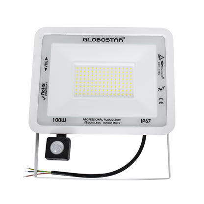 AURORA 61444 Επαγγελματικός Προβολέας LED 100W 12500lm 120° AC 220-240V με Ενσωματωμένο Ρυθμιζόμενο Αισθητήρα Κίνησης PIR - Αδιάβροχος IP67 - Μ25 x Π6.5 x Υ27.5cm - Λευκό - Ψυχρό Λευκό 6000K - LUMILEDS Chips - TÜV Rheinland Certified