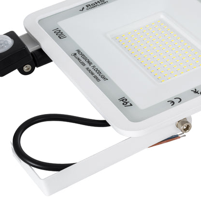 AURORA 61444 Επαγγελματικός Προβολέας LED 100W 12500lm 120° AC 220-240V με Ενσωματωμένο Ρυθμιζόμενο Αισθητήρα Κίνησης PIR - Αδιάβροχος IP67 - Μ25 x Π6.5 x Υ27.5cm - Λευκό - Ψυχρό Λευκό 6000K - LUMILEDS Chips - TÜV Rheinland Certified