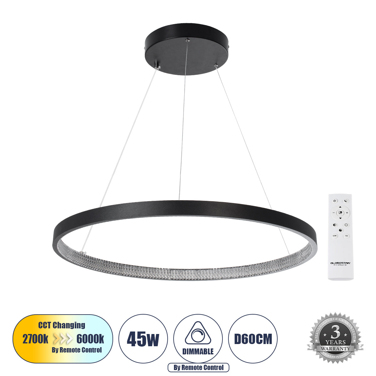 DIAMOND 61522 Modern LED Pendant Ceiling Light 45W 5040lm 360° AC 220-240V IP20 Adjustable White CCT with Remote Control from 2700K to 6000K Dimmable - Lumileds SMD Chip - Matt Black - L60 x W60 x H3
