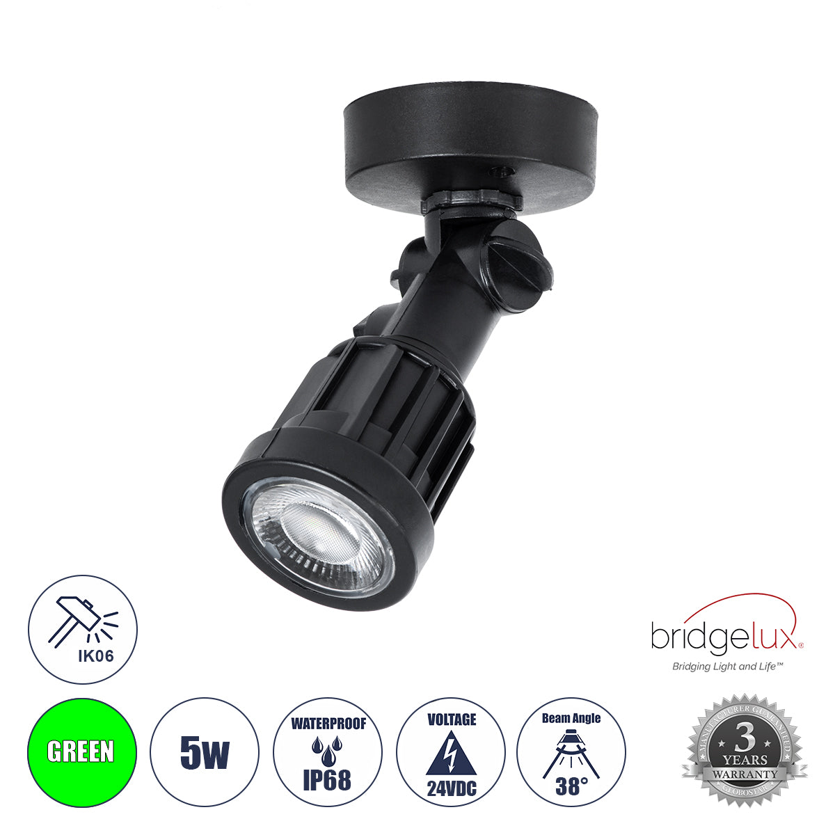 GARDENINI 61547 Επιφανειακό Φωτιστικό Σποτ Κήπου LED 5W 550lm 38° DC 24V IP68 Υψηλής Αντοχής ABS IK06 Φ7 x Υ14.5cm - Πράσινο 550nm Dimmable - Μαύρο - Bridgelux Chip - 3 Years Warranty