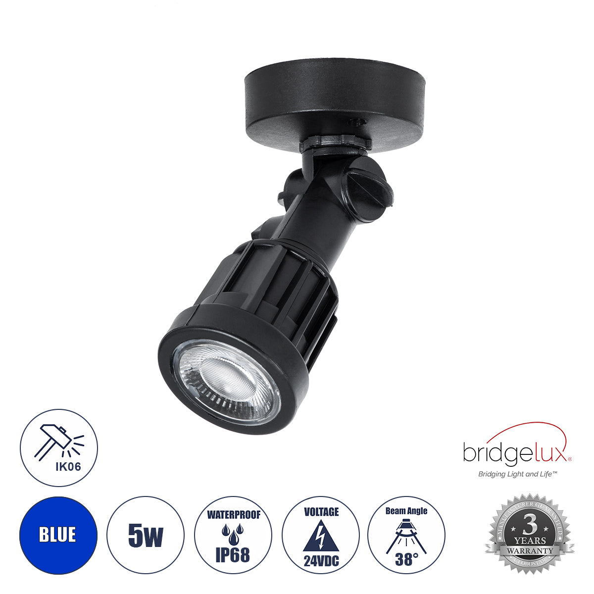 GARDENINI 61548 Επιφανειακό Φωτιστικό Σποτ Κήπου LED 5W 550lm 38° DC 24V IP68 Υψηλής Αντοχής ABS IK06 Φ7 x Υ14.5cm - Μπλε 450nm Dimmable - Μαύρο - Bridgelux Chip - 3 Years Warranty