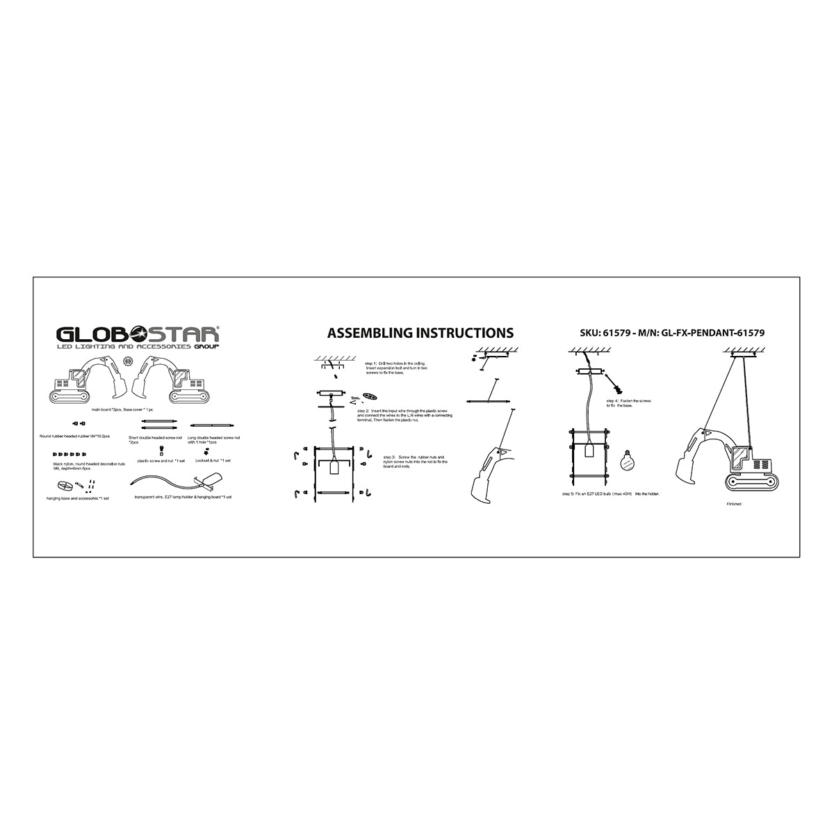 EXCAVATOR 61579 Μοντέρνο Παιδικό Κρεμαστό Φωτιστικό Οροφής Μονόφωτο 1 x E27 Κίτρινο PVC Φιγούρα Εκσκαφέας-Φαγάνα Μ45 x Π15.5 x Υ27cm