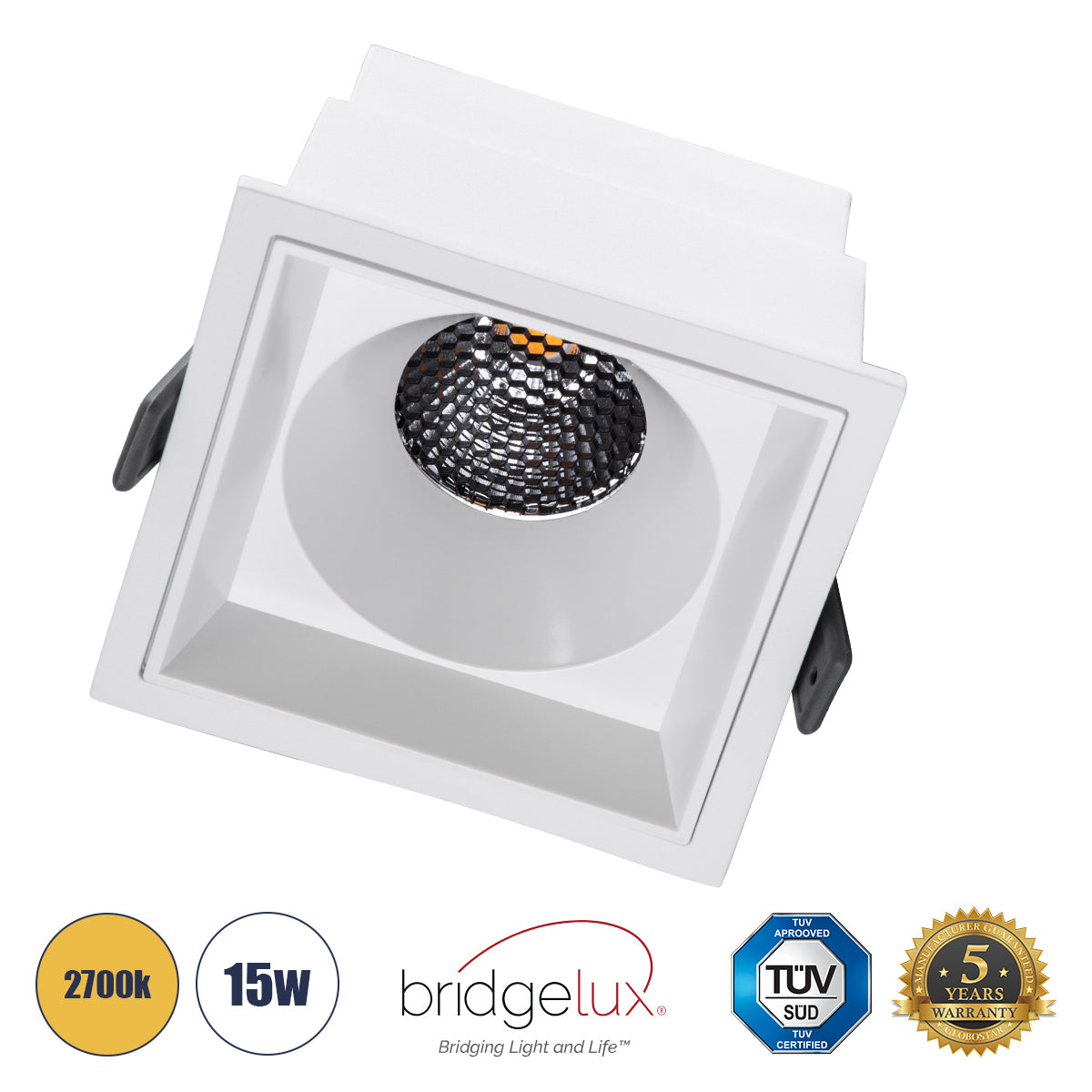 PLUTO-B 60279 Χωνευτό LED Spot Downlight TrimLess Μ10.4xΠ10.4cm 15W 1875lm 38° AC 220-240V IP20 Μ10.4 x Π10.4 x Υ6.5cm - Τετράγωνο - Λευκό & Anti-Glare HoneyComb - Θερμό Λευκό 2700K - Bridgelux COB