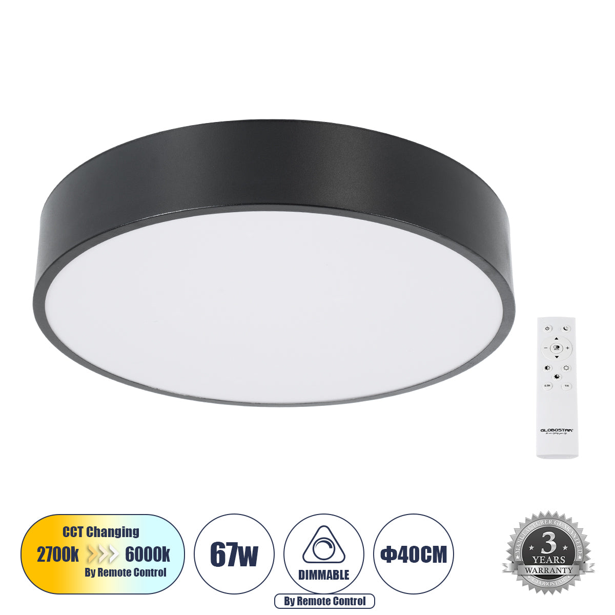 BURTON 61200-S Μοντέρνο Φωτιστικό Οροφής LED 67W 7370lm 120° AC 220-240V IP20 Ρυθμιζόμενο Λευκό CCT με Χειριστήριο από 2700K έως 6000K Dimmable - Lumileds SMD Chip - Μαύρο Ματ - Μ40 x Π40 x Υ8