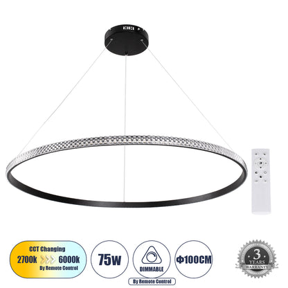 DIAMOND 61134 Κρεμαστό Φωτιστικό Δαχτυλίδι-Κύκλος LED CCT 75W 8743lm 360° AC 220-240V - Εναλλαγή Φωτισμού μέσω Τηλεχειριστηρίου All In One Ψυχρό 6000k+Φυσικό 4500k+Θερμό 2700k Dimmable Φ100cm - Μαύρο