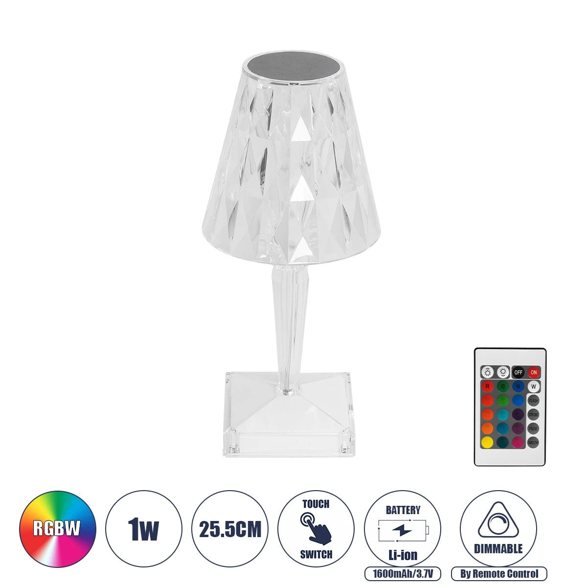 CRYSTAL 62042 Μοντέρνο Επιτραπέζιο Φωτιστικό Πορτατίφ LED 1W 100lm 360° DC 5V USB-C με Επαναφορτιζόμενη Μπαταρία Li-ion 3.7V 1600mAh IP44 Πολύχρωμο RGBW με Χειριστήριο Dimmable - Sanan SMD Chip - Διάφανο - Μ11.5 x Π11.5 x Υ25.5cm