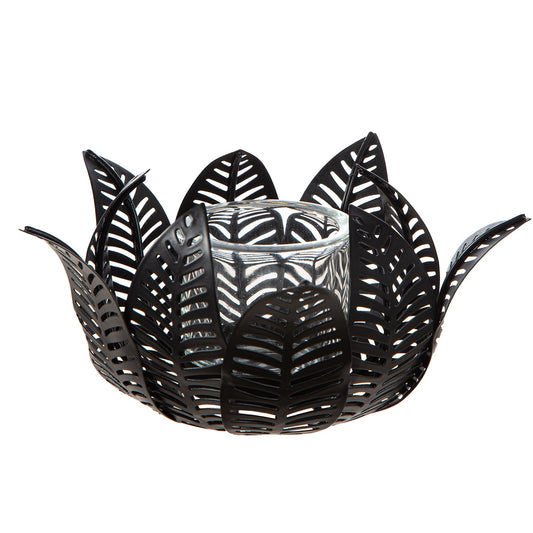 Κηροπήγιο Ρεσώ Φύλλο Μοτίφ Μεταλλικό Μαύρο 23x23x12