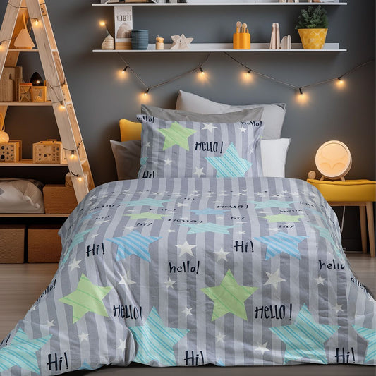 Σετ Παπλωματοθήκη Φανελένια Μονή Hello Art 6321 160x240εκ Γκρι/Μπλε