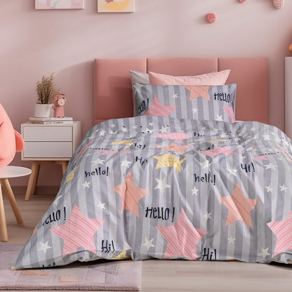 Σετ Σεντόνια Φανελένια Μονά με Λάστιχο Hi Art 6322 105x200+32εκ Γκρι/Ροζ