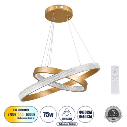 DIAMOND DUO 61151-DECO Κρεμαστό Φωτιστικό Δαχτυλίδι-Κύκλος LED CCT 75W 8743lm 360° AC 220-240V - Εναλλαγή Φωτισμού μέσω Τηλεχειριστηρίου All In One Ψυχρό 6000k+Φυσικό 4500k+Θερμό 2700k Dimmable Φ40+60cm - Χρυσό Βούρτσας