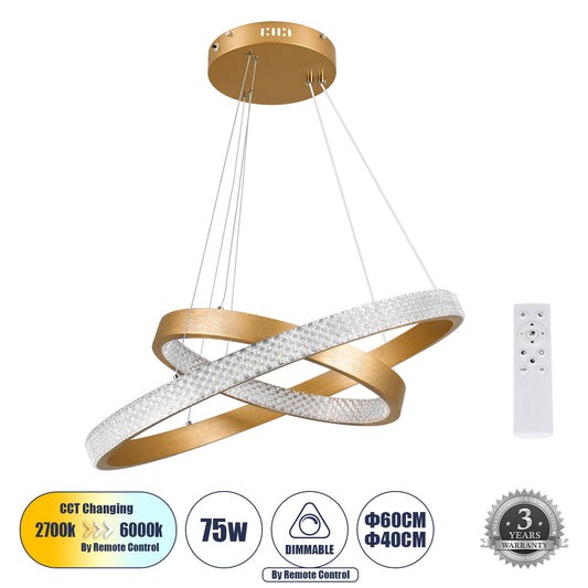 DIAMOND DUO 61151-DECO Κρεμαστό Φωτιστικό Δαχτυλίδι-Κύκλος LED CCT 75W 8743lm 360° AC 220-240V - Εναλλαγή Φωτισμού μέσω Τηλεχειριστηρίου All In One Ψυχρό 6000k+Φυσικό 4500k+Θερμό 2700k Dimmable Φ40+60cm - Χρυσό Βούρτσας