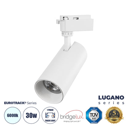 LUGANO 60812 Μονοφασικό Φωτιστικό Σποτ Ράγας LED 30W 3900lm 36° Acrylic HQ LENS AC 220-240V IP20 Φ7.5 x Υ22.7cm Ψυχρό Λευκό 6000K - EUROTRACK® System 1L+1N - Λευκό - Bridgelux Chip - TÜV Certified Driver