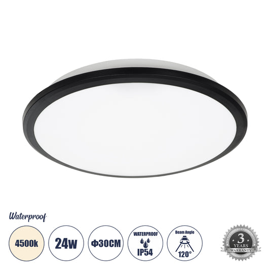 TUFFIN 60997 Πλαφονιέρα Οροφής LED 24W 2640lm 120° AC 220-240V Αδιάβροχη IP54 Φ30 x Υ6.5cm Φυσικό Λευκό 4500K - Μαύρο - Bridgelux Chips