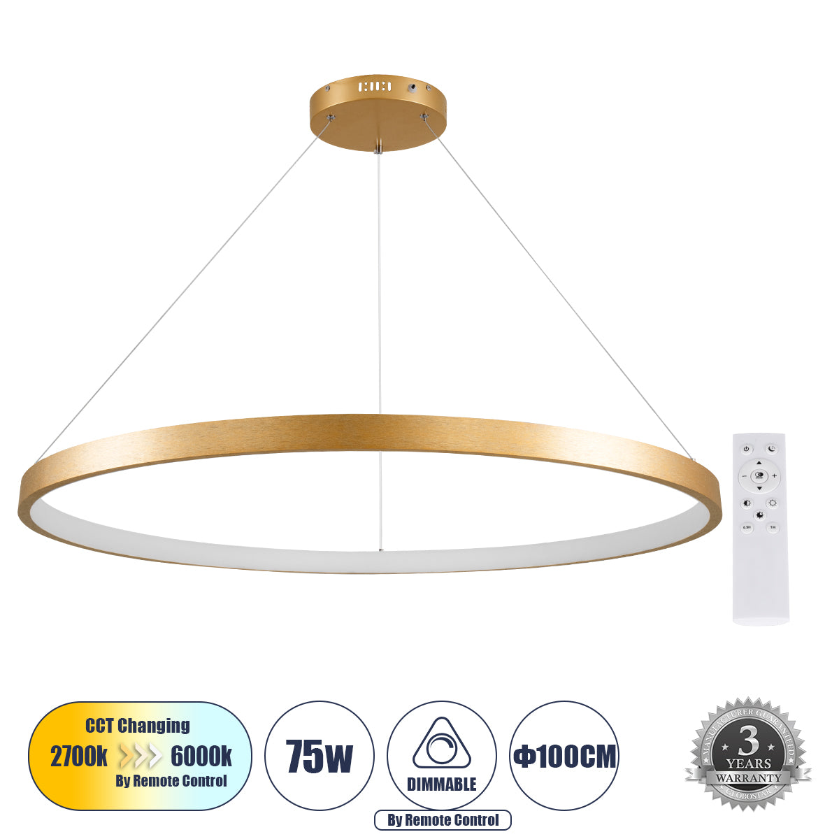 NEMESIS 61166 Μοντέρνο Κρεμαστό Φωτιστικό Οροφής LED 75W 8743lm 360° AC 220-240V IP20 Ρυθμιζόμενο Λευκό CCT με Χειριστήριο από 2700K έως 6000K Dimmable - Lumileds SMD Chip - Χρυσό Βούρτσας - Μ100 x Π100 x Υ4