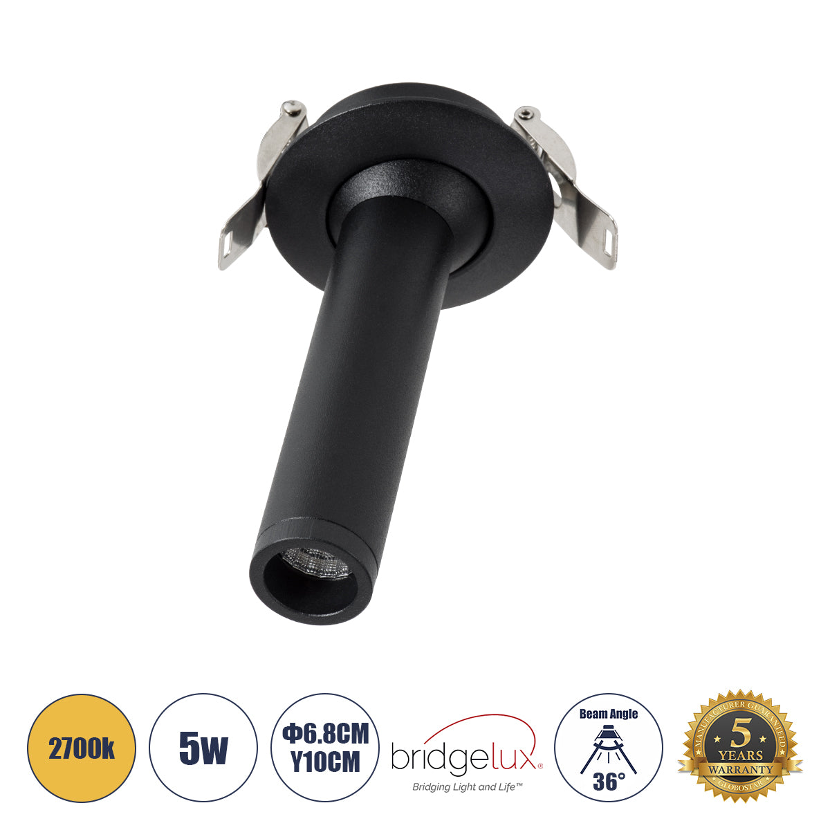 DALE 60371 Χωνευτό LED Κινούμενο Spot Downlight TrimLess Φ6.4cm 5W 500lm 36° AC 220-240V IP20 Φ6.4cm x Υ10cm - Στρόγγυλο - Μαύρο - Θερμό Λευκό 2700K - Bridgelux COB - TÜV Certified Driver