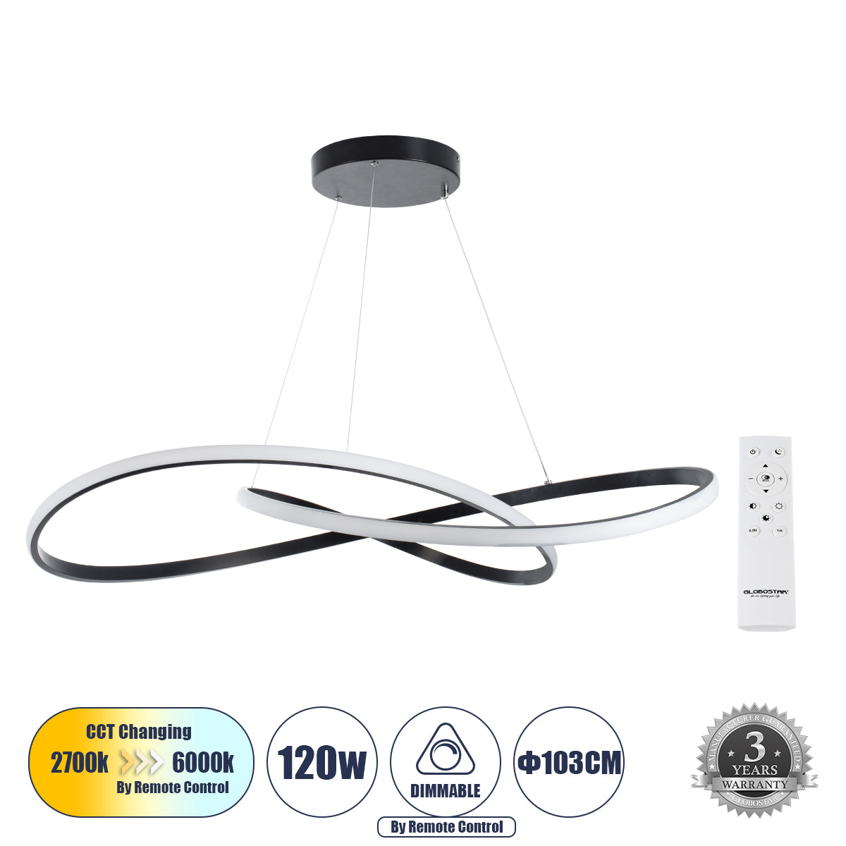 DEXTER 60917 Κρεμαστό Φωτιστικό Οροφής Design LED CCT 120W 13440lm 300° AC 220-240V - Εναλλαγή Φωτισμού μέσω Τηλεχειριστηρίου All In One Ψυχρό 6000k+Φυσικό 4500k+Θερμό 2700k Dimmable Φ103cm - Μαύρο