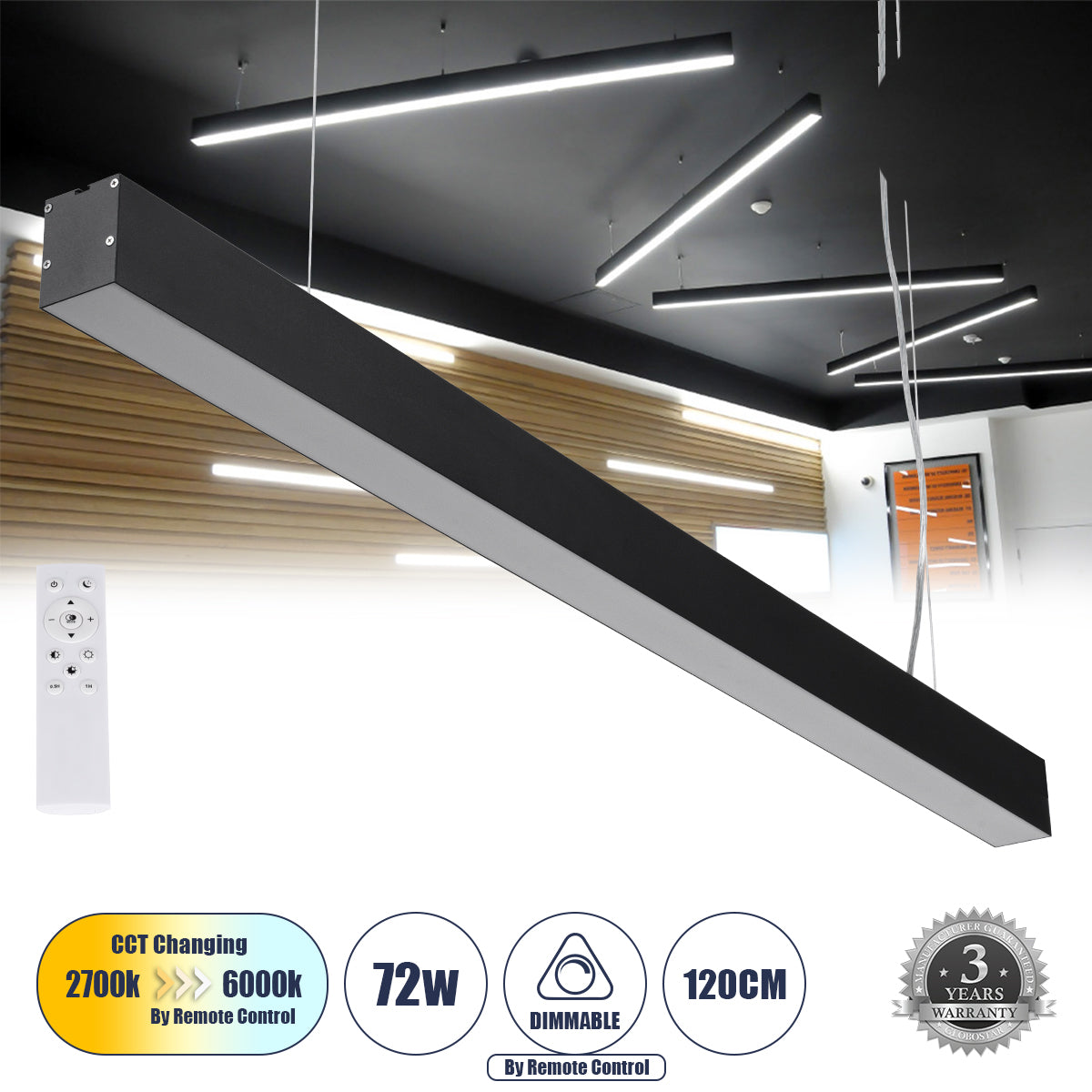 ORION 61030-P Γραμμικό Κρεμαστό Φωτιστικό Linear LED CCT 72W 8600lm 120° AC 220-240V Μ120 x Π5.5 x Υ7cm - Εναλλαγή Φωτισμού μέσω Τηλεχειριστηρίου All In One Ψυχρό 6000k+Φυσικό 4500k+Θερμό 2700k Dimmable - Μαύρο