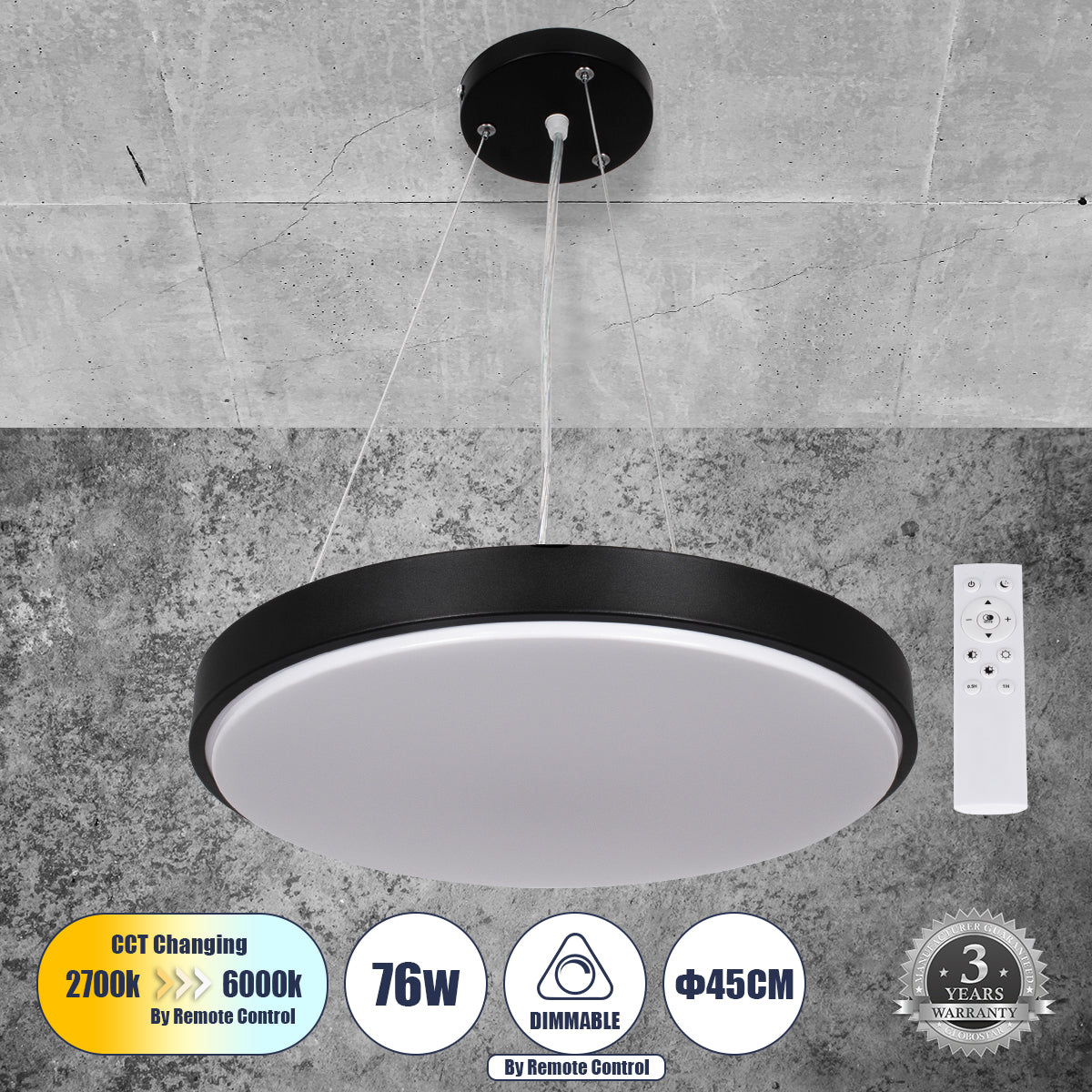 CASPER 61019 Κρεμαστή Πλαφονιέρα Οροφής LED CCT 76W 8372lm 120° AC 220-240V - Εναλλαγή Φωτισμού μέσω Τηλεχειριστηρίου All In One Ψυχρό Λευκό 6000k+Φυσικό Λευκό 4500k+Θερμό Λευκό 2700k Dimmable Φ45cm - Μαύρο