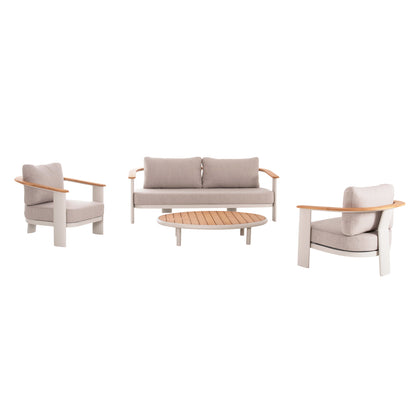 4-PIECE OUTDOOR LOUNGE SET ROMAN CREAM ALUMINUM BEIGE OLEFIN FABRIC TEAK WOOD