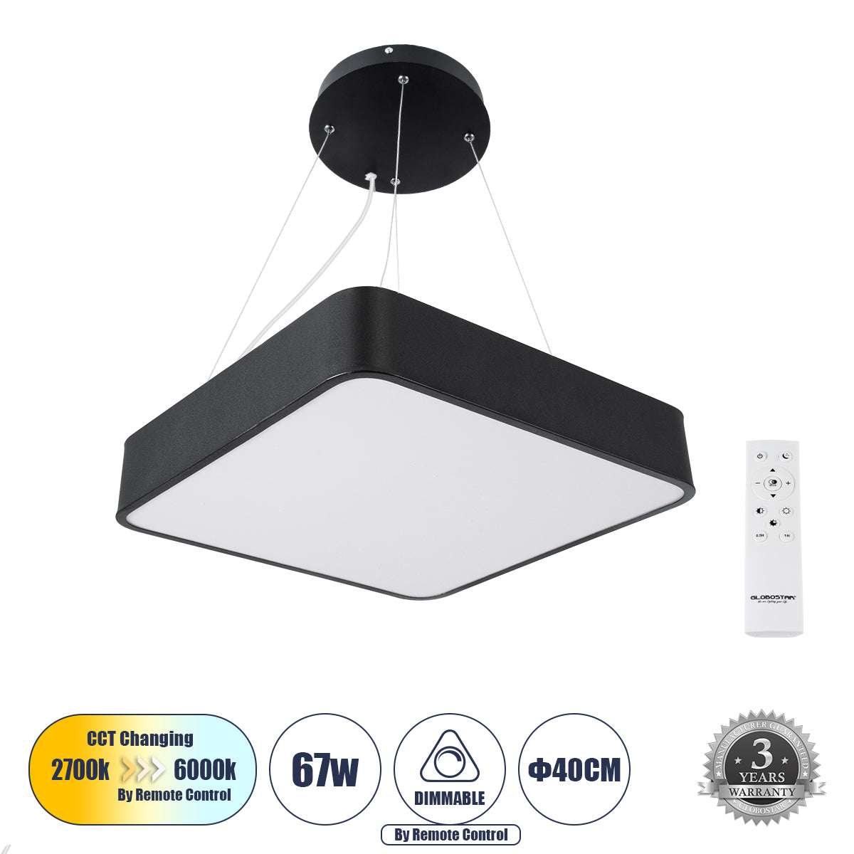 KAMALA 61206-P Κρεμαστή Πλαφονιέρα Οροφής LED CCT 67W 7370lm 120° AC 220-240V - Εναλλαγή Φωτισμού μέσω Τηλεχειριστηρίου All In One Ψυχρό 6000k+Φυσικό 4500k+Θερμό 2700k Dimmable Μ40 x Π40 x Υ8cm- Μαύρο