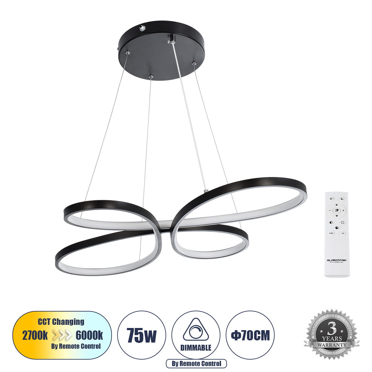 BUTTERFLY 61391 Κρεμαστό Φωτιστικό Οροφής Design LED CCT 75W 8400lm 300° AC 220-240V - Εναλλαγή Φωτισμού μέσω Τηλεχειριστηρίου All In One Ψυχρό 6000k+Φυσικό 4500k+Θερμό 2700k Dimmable Μ71 x Π52 x Υ4cm - Μαύρο