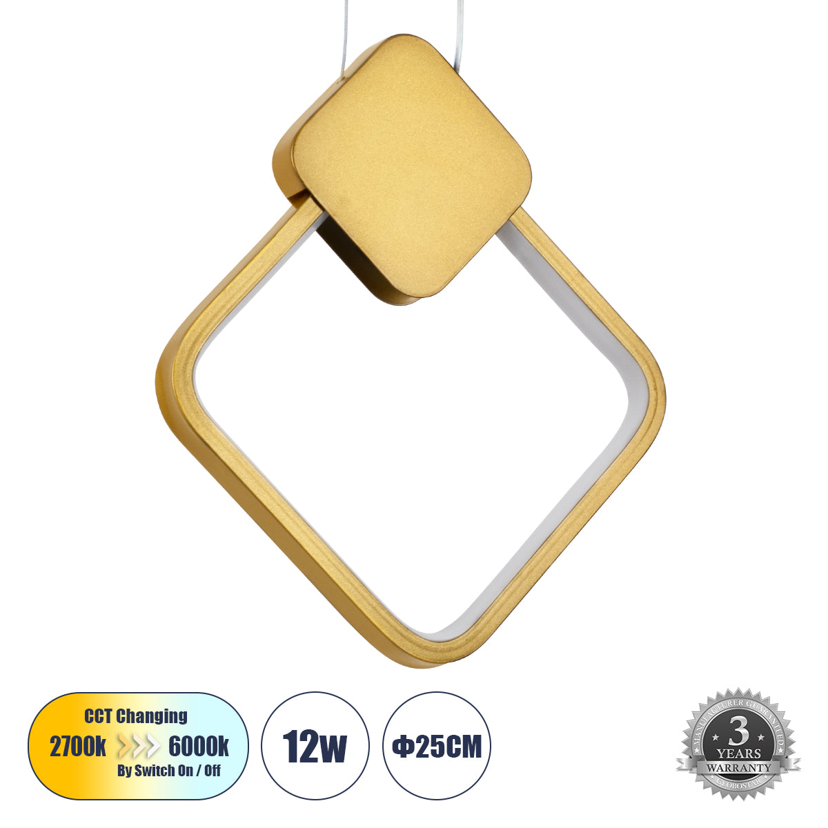 MARY 61084 Κρεμαστό Φωτιστικό Οροφής Design LED CCT 12W 1440lm 300° AC 220-240V - Εναλλαγή Φωτισμού μέσω Διακόπτη On/Off All In One Ψυχρό 6000k+Φυσικό 4500k+Θερμό 2700k Μ20 x Π2.3 x Υ28.5cm - Χρυσό Βούρτσας