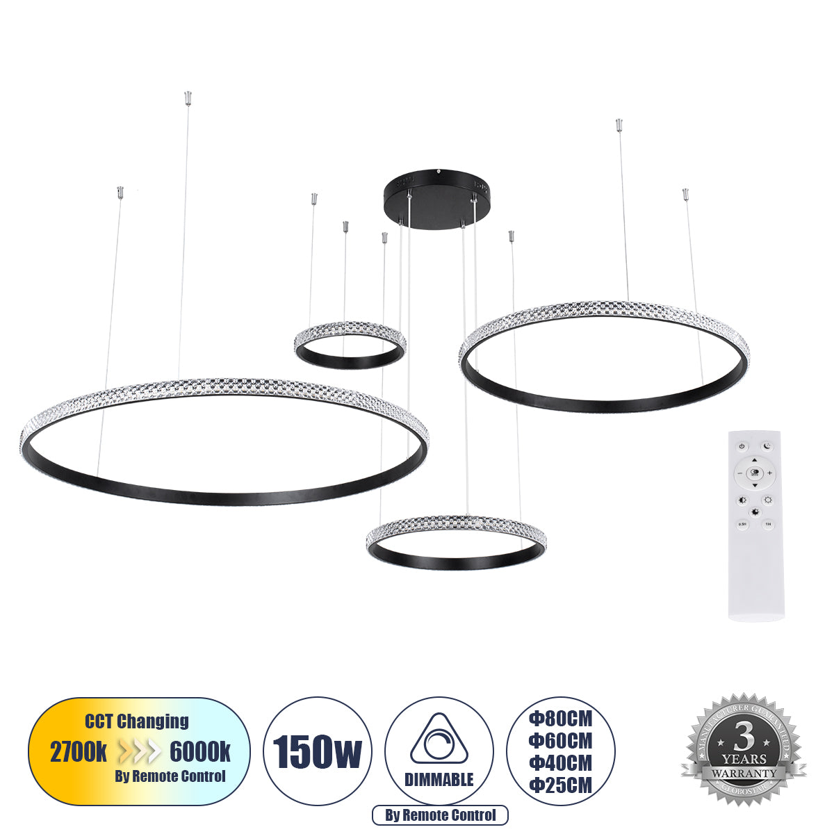 DIAMOND TETRA 61148 Κρεμαστό Φωτιστικό Δαχτυλίδι-Κύκλος LED CCT 150W 18379lm 360° AC 220-240V - Εναλλαγή Φωτισμού μέσω Τηλεχειριστηρίου All In One Ψυχρό 6000k+Φυσικό 4500k+Θερμό 2700k Dimmable Φ25+40+60+80cm - Μαύρο