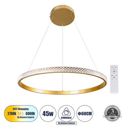 DIAMOND 61131 Μοντέρνο Κρεμαστό Φωτιστικό Οροφής LED 45W 5230lm 360° AC 220-240V IP20 Ρυθμιζόμενο Λευκό CCT με Χειριστήριο από 2700K έως 6000K Dimmable - Lumileds SMD Chip - Χρυσό Βούρτσας - Μ60 x Π60 x Υ3